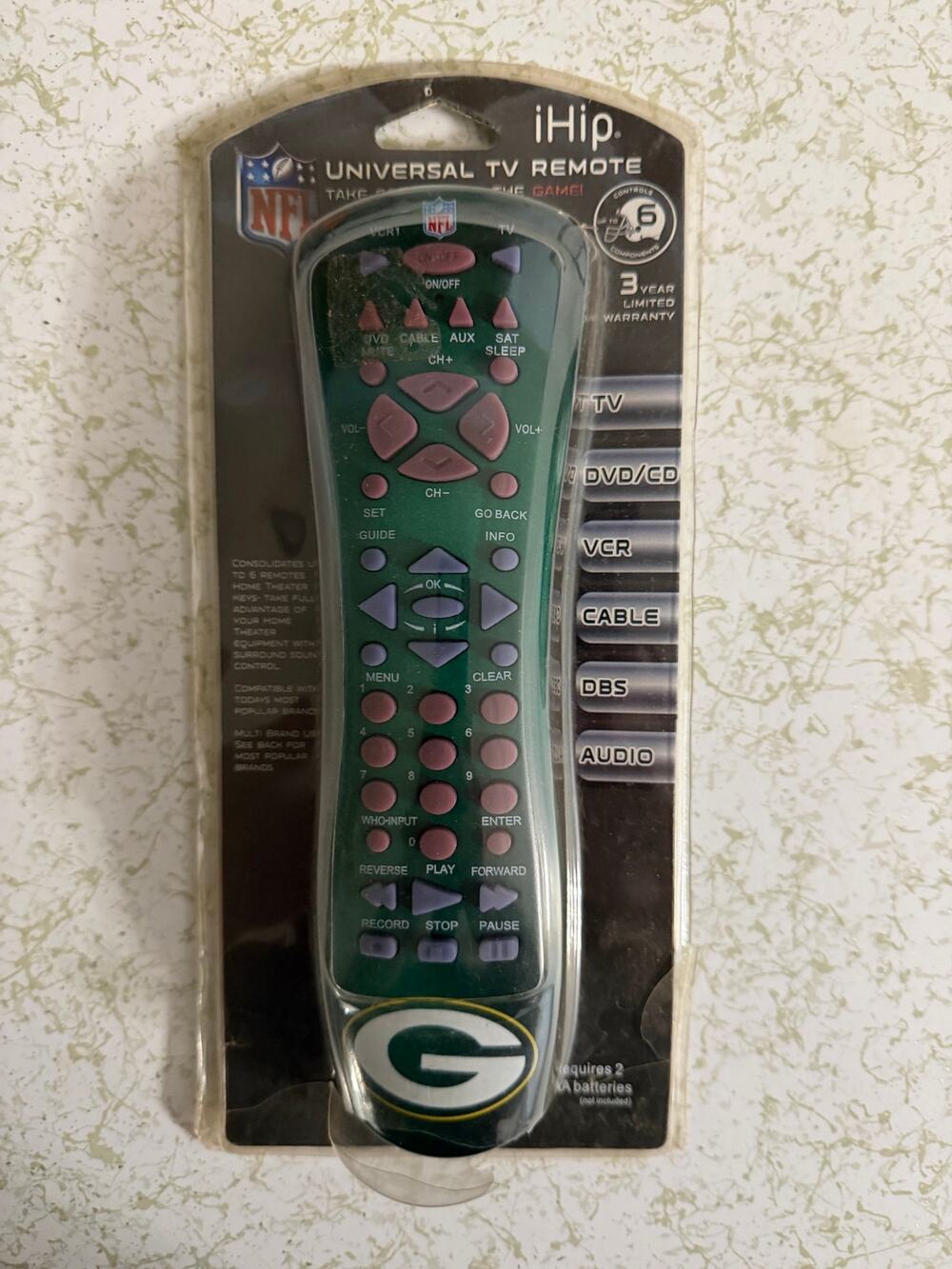 iHip Green Bay Packers NFL Universal TV Remote w/ Original Packaging Tested/Unus